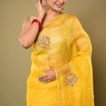 Yellow Antique Flower Organza Saree | All Over Antique Butta Work | Jaipurio Designer Collection